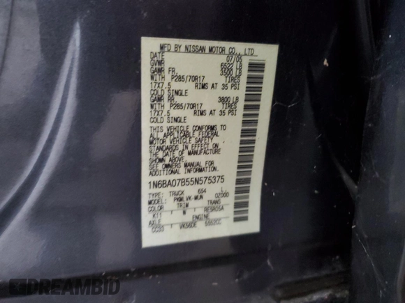2005 Nissan Titan SE with VIN 1N6BA07B55N575375, listed as a Copart auction lot 81559004 with 177,684 mi miles and Clean Title. Bid and sale history available at DreamBid. Image 12.