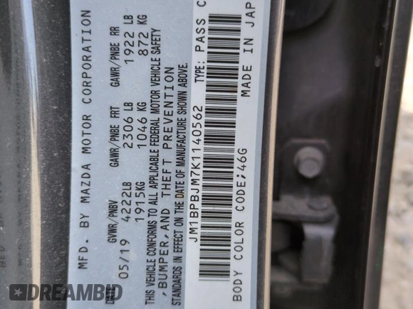 2019 Mazda 3 with VIN JM1BPBJM7K1140562, listed as a Copart auction lot 48569325 with 46,510 mi miles and Salvage title. Bid and sale history available at DreamBid. Image 12.