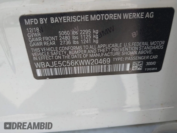 2019 BMW 5 Series 540i z VIN WBAJE5C56KWW20469, wystawiony jako IAAI lot #41947055 z przebiegiem 68 990 mil mil oraz . Historia ofert i sprzedaży dostępna na DreamBid. Obrazek 9.