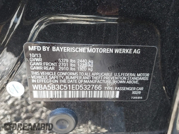 2014 BMW 5 Series 535i xDrive with VIN WBA5B3C51ED532766, listed as a IAAI auction lot 41368436 with Not Provided miles and . Bid and sale history available at carsss.com. Image 9.