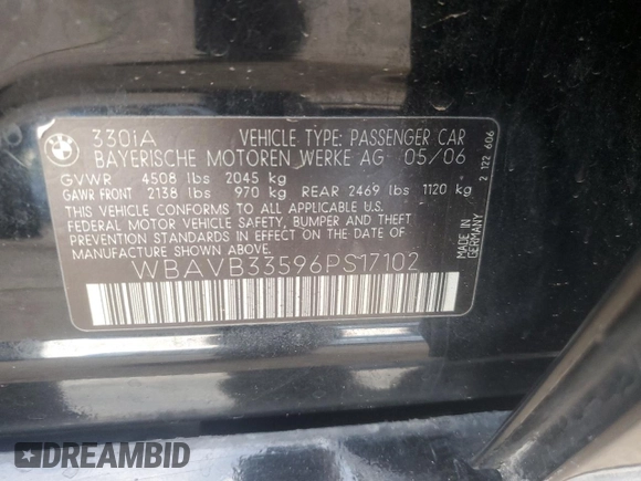 2006 BMW 3 Series 330i z VIN WBAVB33596PS17102, wystawiony jako Copart lot #48382725 z przebiegiem 171 280 mil mil oraz Szkoda całkowita • Salvage title. Historia ofert i sprzedaży dostępna na DreamBid. Obrazek 13.