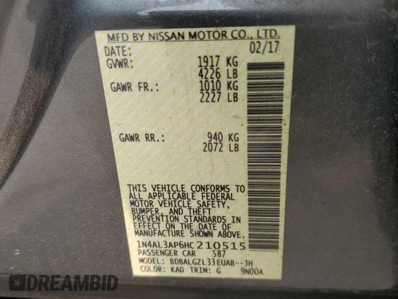 2017 Nissan Altima SV with VIN 1N4AL3AP6HC210515, listed as a Copart auction lot 58926035 with 148,423 mi miles and Salvage title. Bid and sale history available at DreamBid. Image 12.