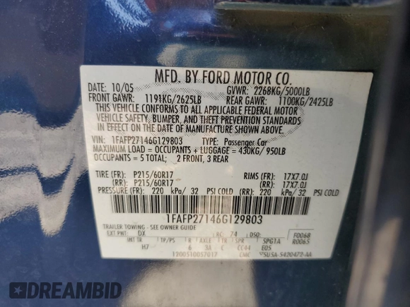 2006 Ford Five Hundred SEL with VIN 1FAFP27146G129803, listed as a Copart auction lot 59020665 with 157,821 mi miles and Clean title. Bid and sale history available at DreamBid. Image 12.