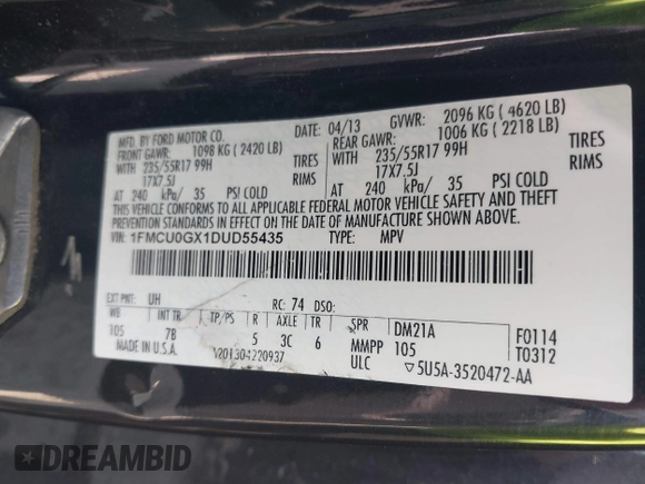 2013 Ford Escape SE z VIN 1FMCU0GX1DUD55435, wystawiony jako IAAI lot #42575683 z przebiegiem 205 271 mil mil oraz . Historia ofert i sprzedaży dostępna na DreamBid. Obrazek 9.