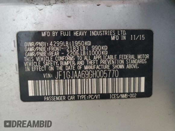 2016 Subaru Impreza z VIN JF1GJAA69GH005770, wystawiony jako Copart lot #51381895 z przebiegiem 52 000 mil mil oraz Szkoda całkowita • Salvage title. Historia ofert i sprzedaży dostępna na DreamBid. Obrazek 14.