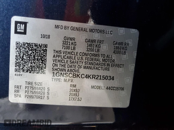 2019 Chevrolet Tahoe LT с VIN 1GNSCBKC4KR215034, выставлен на аукционе Copart как лот 60556685 с пробегом 87 573 миль миль и Списание • Salvage title. История ставок и продаж доступна на DreamBid. Изображение 13.