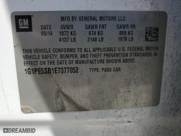 2014 Chevrolet Cruze 2LT with VIN 1G1PE5SB1E7377052, listed as a Copart auction lot 48612595 with 95,310 mi miles and Clean Title. Bid and sale history available at carsss.com. Image 12.