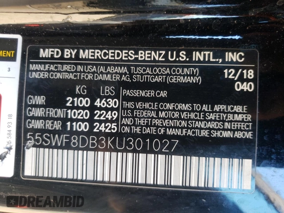 2019 Mercedes-Benz C 300 with VIN 55SWF8DB3KU301027, listed as a Copart auction lot 88352765 with 72,564 mi miles and Salvage Title. Bid and sale history available at DreamBid. Image 13.