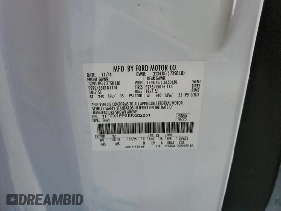2014 Ford F-150 XL with VIN 1FTFX1EFXEKG32251, listed as a Copart auction lot 59033435 with 89,051 mi miles and Salvage title. Bid and sale history available at DreamBid. Image 12.