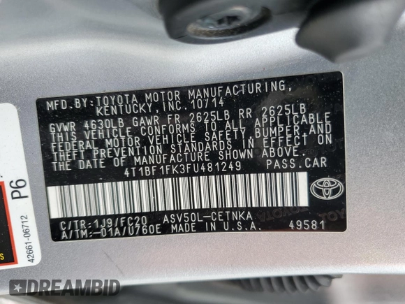2015 Toyota Camry XLE z VIN 4T1BF1FK3FU481249, wystawiony jako Copart lot #54396955 z przebiegiem 102 674 mil mil oraz Szkoda całkowita • Salvage title. Historia ofert i sprzedaży dostępna na DreamBid. Obrazek 12.
