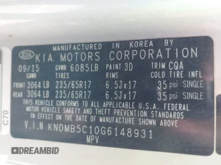 2016 Kia Sedona LX with VIN KNDMB5C10G6148931, listed as a IAAI auction lot 41799548 with 76,307 mi miles. Bid and sale history available at carsss.com. Image 9.