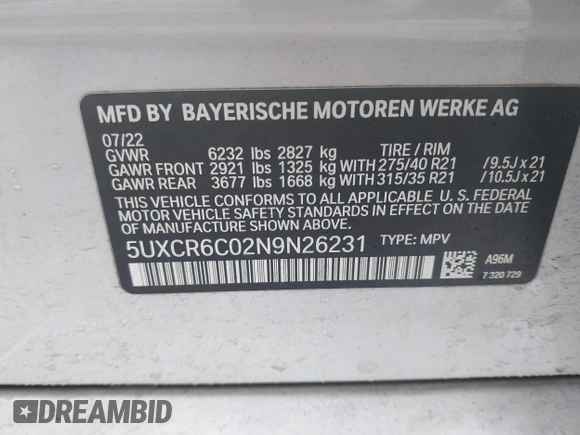 2022 BMW X5 xDrive40i with VIN 5UXCR6C02N9N26231, listed as a IAAI auction lot 41568585 with 18,120 mi miles and . Bid and sale history available at DreamBid. Image 9.