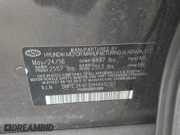 2017 Hyundai Sonata Sport with VIN 5NPE34AF7HH449293, listed as a Copart auction lot 46923095 with 83,187 mi miles and Salvage Title. Bid and sale history available at DreamBid. Image 12.