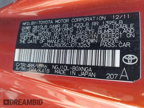 2012 Scion iQ с VIN JTNJJXB05CJ013263, выставлен на аукционе IAAI как лот 42087710 с пробегом 124 463 миль миль и . История ставок и продаж доступна на DreamBid. Изображение 9.