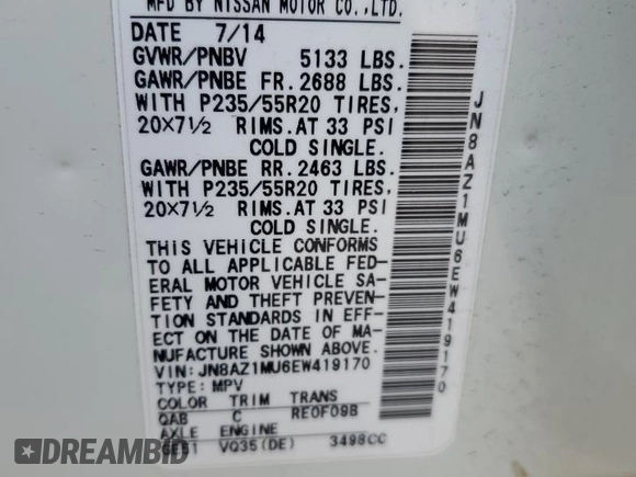 2014 Nissan Murano SL with VIN JN8AZ1MU6EW419170, listed as a Copart auction lot 49162565 with 104,630 mi miles and Salvage Title. Bid and sale history available at carsss.com. Image 13.