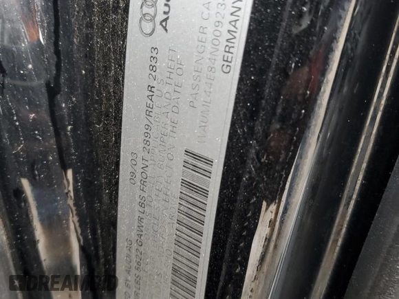 2004 Audi A8 с VIN WAUML44E84N009234, выставлен на аукционе Copart как лот 57684295 с пробегом 162 192 миль миль и Списание • Salvage title. История ставок и продаж доступна на DreamBid. Изображение 13.