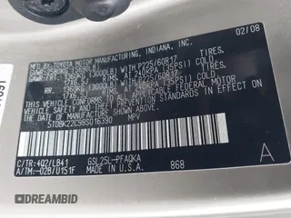 2008 Toyota Sienna XLE with VIN 5TDBK22C98S016390, listed as a IAAI auction lot 41971028 with 195,194 mi miles and . Bid and sale history available at DreamBid. Image 9.
