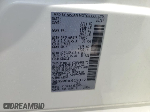 2018 Nissan Pathfinder SV with VIN 5N1DR2MM0JC619337, listed as a Copart auction lot 54335355 with 139,945 mi miles and Salvage title. Bid and sale history available at DreamBid. Image 14.