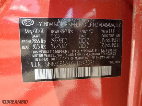 2020 Hyundai Santa Fe SEL with VIN 5NMS33AD2LH243834, listed as a Copart auction lot 50924775 with 5,764 mi miles and Salvage Title. Bid and sale history available at carsss.com. Image 13.