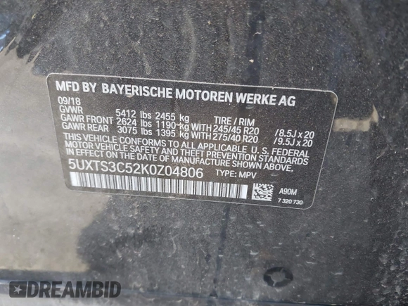 2019 BMW X3 M40i with VIN 5UXTS3C52K0Z04806, listed as a IAAI auction lot 41944563 with Not Provided miles and . Bid and sale history available at DreamBid. Image 9.