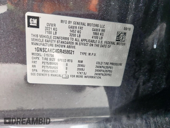 2016 Chevrolet Tahoe LS with VIN 1GNSCAKC4GR458621, listed as a Copart auction lot 59531215 with 143,346 mi miles and Salvage title. Bid and sale history available at DreamBid. Image 13.