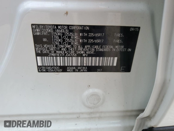 2015 Toyota RAV4 LE z VIN JTMBFREV7FJ047058, wystawiony jako Copart lot #65606425 z przebiegiem 109 985 mil mil oraz Szkoda całkowita • Salvage title. Historia ofert i sprzedaży dostępna na DreamBid. Obrazek 13.