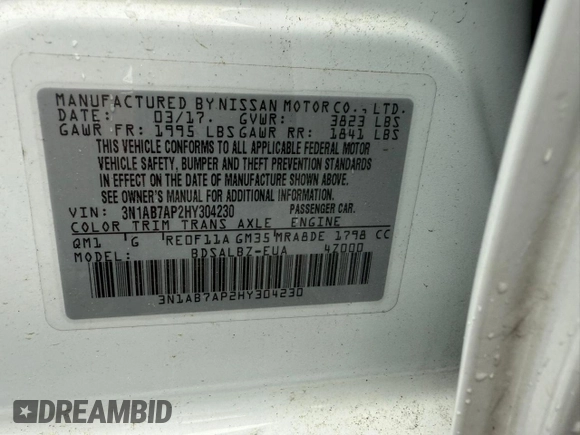2017 Nissan Sentra SL with VIN 3N1AB7AP2HY304230, listed as a Copart auction lot 57457465 with 168,765 mi miles and Clean title. Bid and sale history available at DreamBid. Image 10.