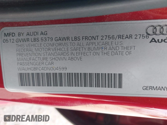 2013 Audi A6 Prestige z VIN WAUHGBFC4DN004599, wystawiony jako IAAI lot #42205980 z przebiegiem 240 526 mil mil oraz . Historia ofert i sprzedaży dostępna na DreamBid. Obrazek 9.