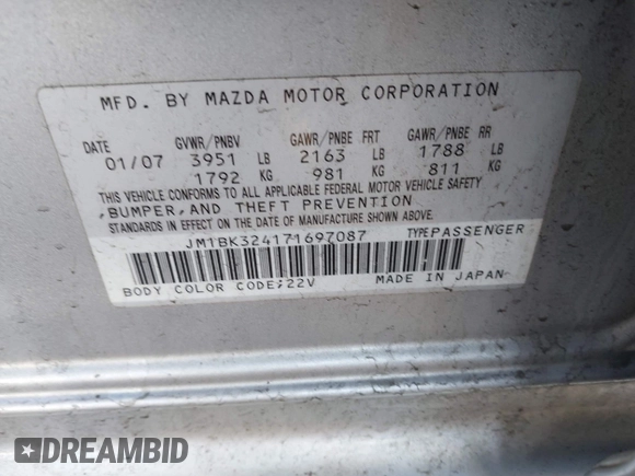 2007 Mazda 3 S Touring with VIN JM1BK324171697087, listed as a IAAI auction lot 41878840 with 171,102 mi miles and . Bid and sale history available at DreamBid. Image 9.