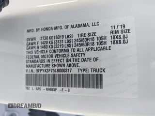 2020 Honda Ridgeline RTL-E with VIN 5FPYK3F75LB000317, listed as a IAAI auction lot 41850029 with 17,430 mi miles and . Bid and sale history available at DreamBid. Image 9.