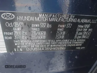 2022 Hyundai Santa Fe SE z VIN 5NMS14AJ8NH406846, wystawiony jako IAAI lot #41588202 z przebiegiem 34 006 mil mil oraz . Historia ofert i sprzedaży dostępna na DreamBid. Obrazek 9.