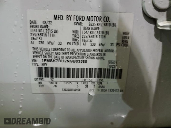 2022 Ford Explorer with VIN 1FMSK7BH2NGB03588, listed as a Copart auction lot 45590645 with 91,453 mi miles and Salvage title. Bid and sale history available at DreamBid. Image 14.