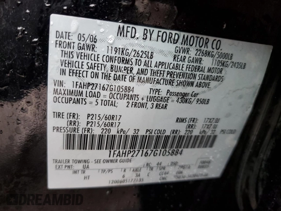 2007 Ford Five Hundred SEL z VIN 1FAHP27167G105884, wystawiony jako Copart lot #85392784 z przebiegiem 231 253 mil mil oraz Szkoda całkowita • Salvage title. Historia ofert i sprzedaży dostępna na DreamBid. Obrazek 12.