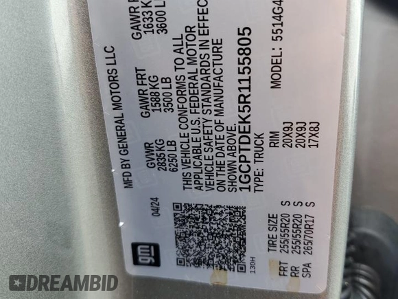 2024 Chevrolet Colorado 4WD Z71 with VIN 1GCPTDEK5R1155805, listed as a Copart auction lot 64239115 with 6,285 mi miles and Salvage title. Bid and sale history available at DreamBid. Image 12.