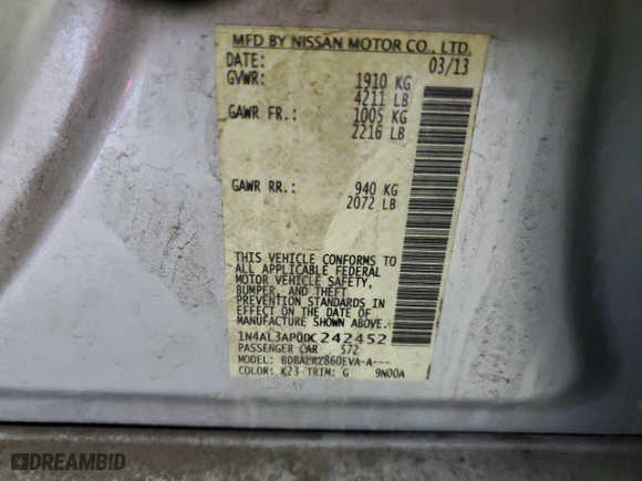 2013 Nissan Altima 2.5 SV with VIN 1N4AL3AP0DC242452, listed as a Copart auction lot 48158155 with 169,051 mi miles and Salvage Title. Bid and sale history available at carsss.com. Image 12.