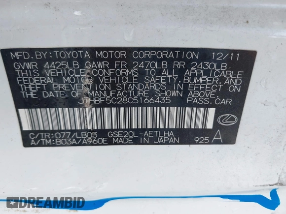 2012 Lexus IS 250 with VIN JTHBF5C28C5166435, listed as a IAAI auction lot 42509339 with 182,870 mi miles and . Bid and sale history available at DreamBid. Image 9.