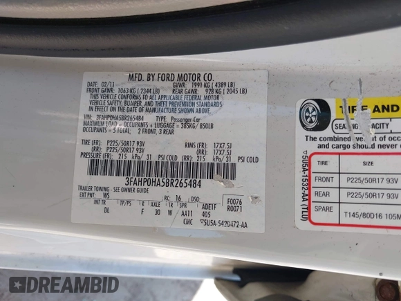 2011 Ford Fusion SE with VIN 3FAHP0HA5BR265484, listed as a IAAI auction lot 42095227 with 81,664 mi miles. Bid and sale history available at carsss.com. Image 9.