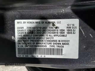 2017 Honda Ridgeline RT with VIN 5FPYK2F26HB008349, listed as a Copart auction lot 56672595 with 222,528 mi miles and Salvage title. Bid and sale history available at DreamBid. Image 12.