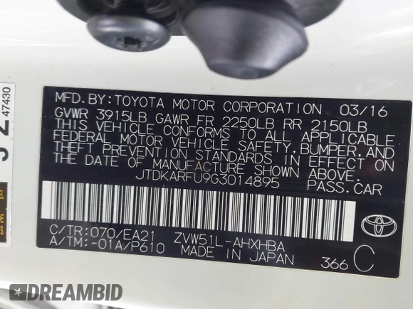 2016 Toyota Prius Four with VIN JTDKARFU9G3014895, listed as a IAAI auction lot 41606330 with 116,382 mi miles. Bid and sale history available at carsss.com. Image 9.