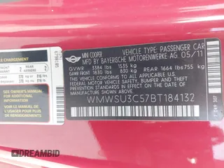 2011 MINI Hardtop with VIN WMWSU3C57BT184132, listed as a IAAI auction lot 42424168 with 65,985 mi miles and . Bid and sale history available at DreamBid. Image 9.