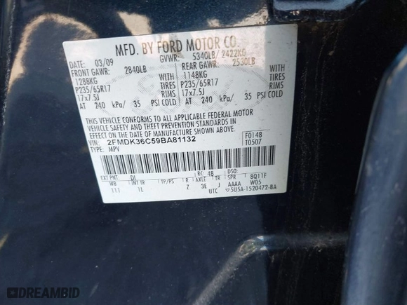 2009 Ford Edge SE with VIN 2FMDK36C59BA81132, listed as a IAAI auction lot 41766590 with 999,999 mi miles. Bid and sale history available at carsss.com. Image 9.