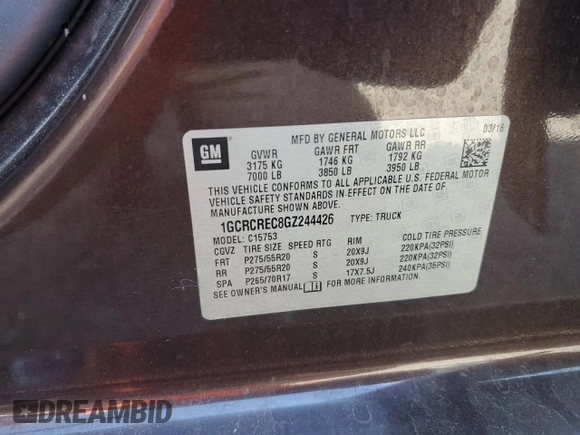 2016 Chevrolet Silverado 1500 LT with VIN 1GCRCREC8GZ244426, listed as a Copart auction lot 50724685 with 100,830 mi miles and Salvage Title. Bid and sale history available at DreamBid. Image 12.