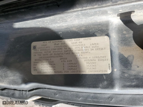 1993 Chevrolet S-10 EL with VIN 1GCCS14A5P8100784, listed as a Copart auction lot 70484874 with 185,250 mi miles and Salvage Title. Bid and sale history available at carsss.com. Image 12.
