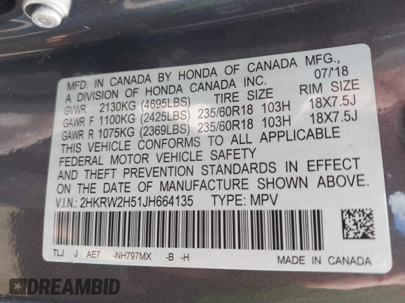 2018 Honda CR-V EX with VIN 2HKRW2H51JH664135, listed as a IAAI auction lot 42015075 with 94,996 mi miles. Bid and sale history available at carsss.com. Image 9.