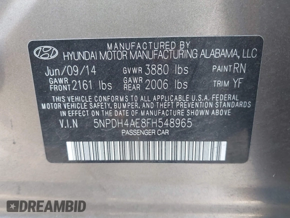 2015 Hyundai Elantra SE z VIN 5NPDH4AE8FH548965, wystawiony jako IAAI lot #42268202 z przebiegiem 178 107 mil mil oraz . Historia ofert i sprzedaży dostępna na DreamBid. Obrazek 9.