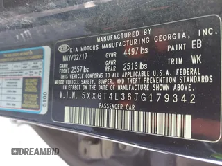 2018 Kia Optima LX with VIN 5XXGT4L36JG179342, listed as a IAAI auction lot 41794368 with 120,649 mi miles. Bid and sale history available at carsss.com. Image 9.