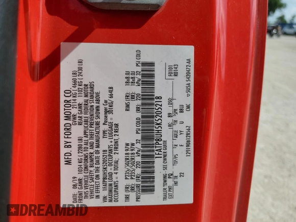 2019 Ford Mustang EcoBoost z VIN 1FATP8UH5K5205218, wystawiony jako Copart lot #60921505 z przebiegiem 70 142 mil mil oraz Nie do naprawy • Non repairable. Historia ofert i sprzedaży dostępna na DreamBid. Obrazek 12.