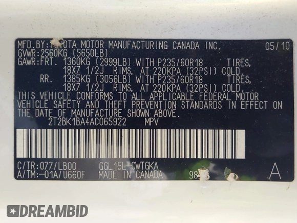 2010 Lexus RX 350 with VIN 2T2BK1BA4AC065922, listed as a IAAI auction lot 42237031 with 164,820 mi miles and . Bid and sale history available at carsss.com. Image 9.