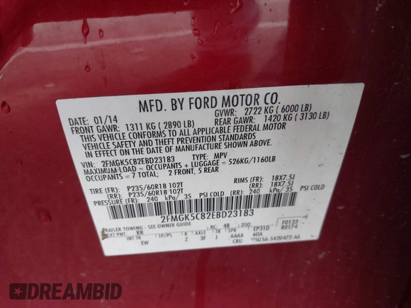 2014 Ford Flex SEL z VIN 2FMGK5C82EBD23183, wystawiony jako IAAI lot #42223191 z przebiegiem 221 048 mil mil oraz . Historia ofert i sprzedaży dostępna na DreamBid. Obrazek 9.