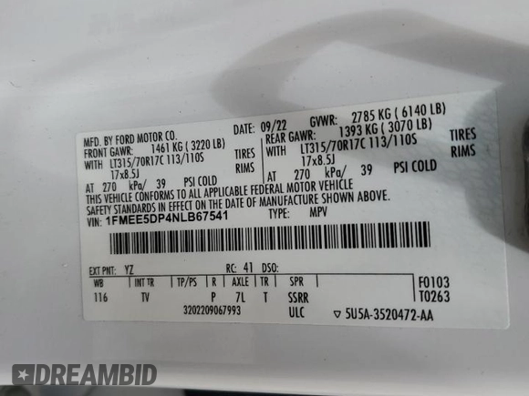 2022 Ford Bronco with VIN 1FMEE5DP4NLB67541, listed as a Copart auction lot 58427485 with 67,774 mi miles and Salvage title. Bid and sale history available at DreamBid. Image 12.